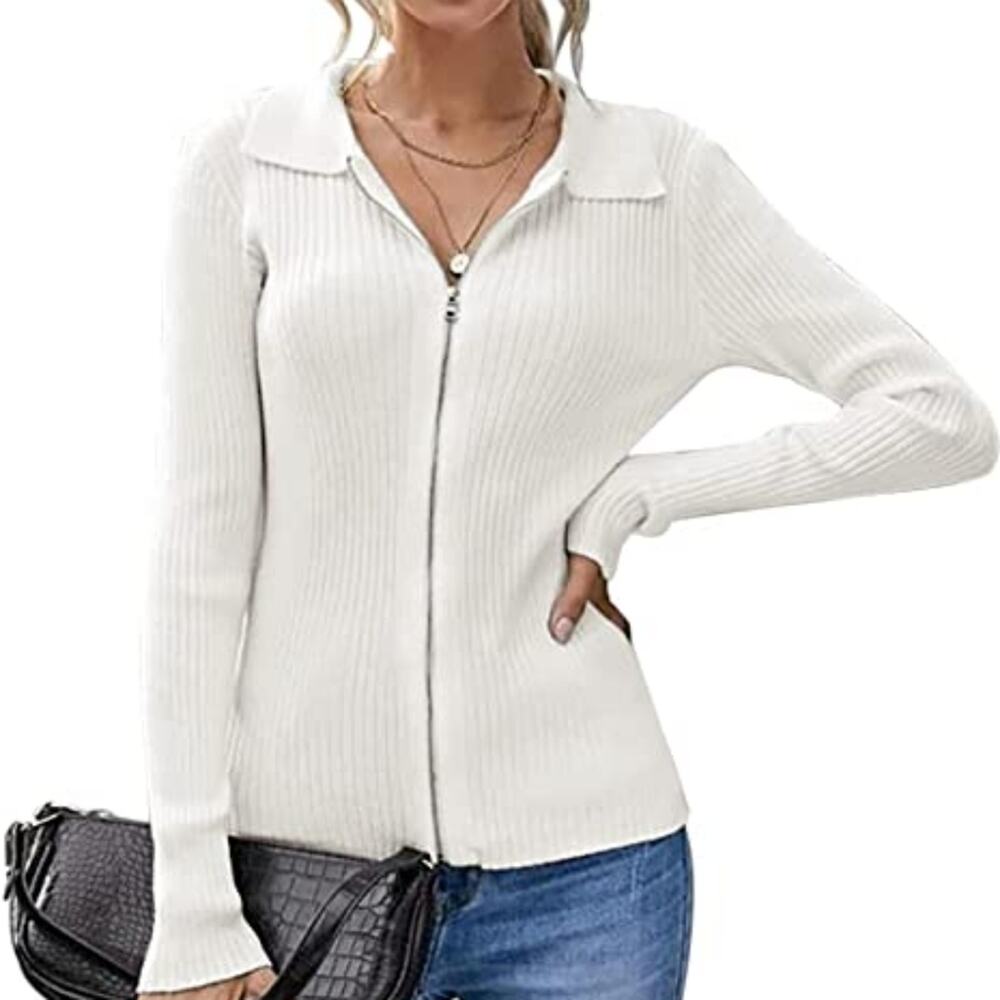 New White Ribbed Knit Sweater Full Zip‎ XXL